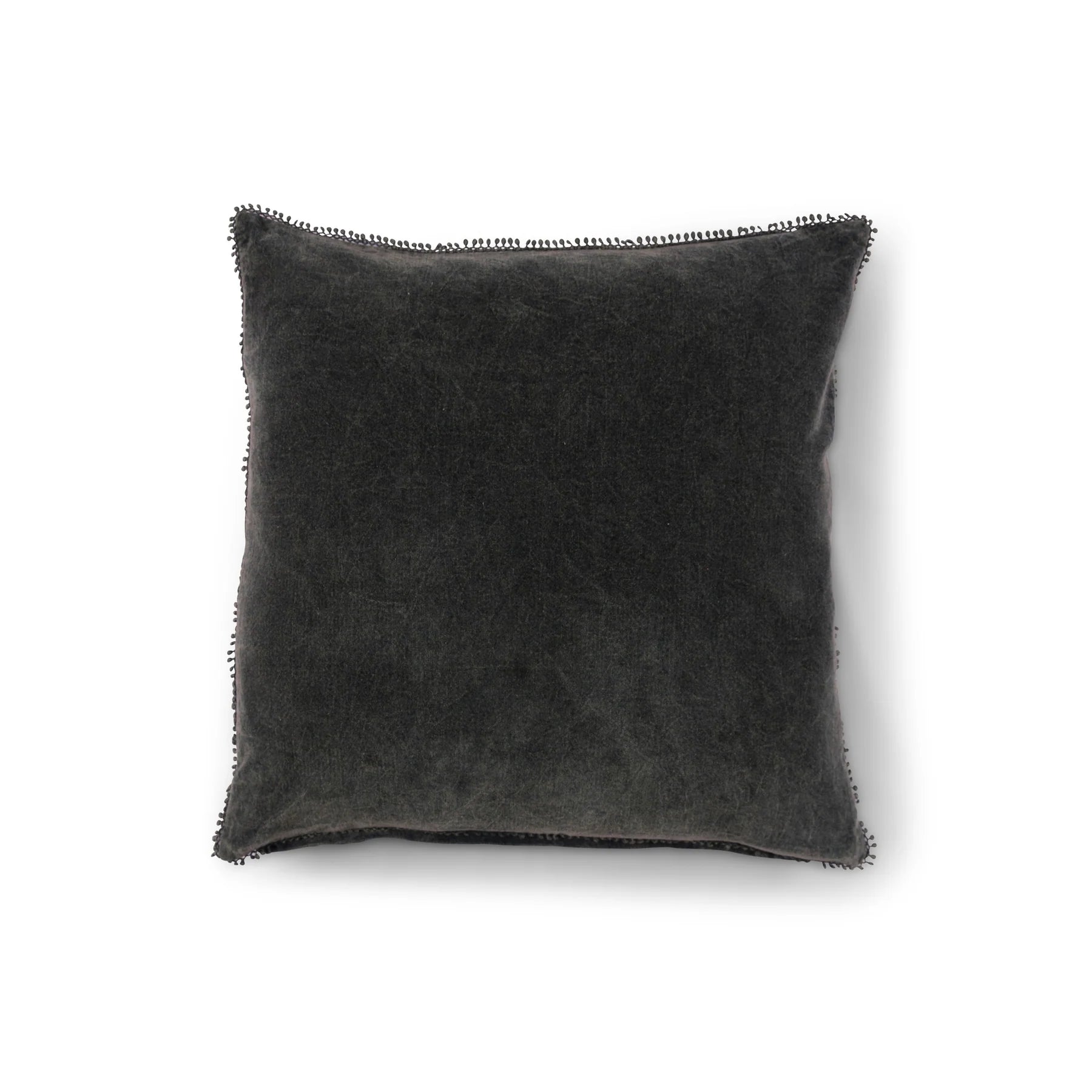 Sugarboo Designs Velvet Pillow W/ Poms features a soft, dark gray velvet texture with subtle stitched edging, displayed against a plain white background.