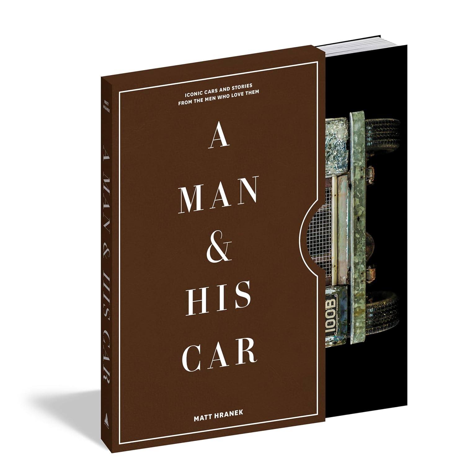 Faire’s "Man & His Car" is a brown hardcover coffee table book by Matt Hranek, featuring a right-side cut-out revealing a classic car grille—an ideal gift for auto enthusiasts passionate about cars and their stories.