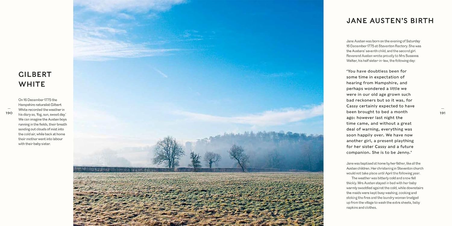 A Jane Austen Year by Random House features a misty winter morning with frosted fields and a pale blue sky, evoking the timeless charm of Austen novels. Text about Gilbert White and Jane Austen’s House appears on either side.