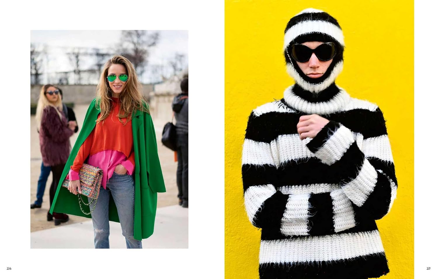 Left: Woman in a green coat and the "Paris In Fashion" sweater by Simon & Schuster Inc., holding a chain bag, wearing sunglasses. Right: Person in a black and white striped knit hooded sweater and large sunglasses, with a yellow background.