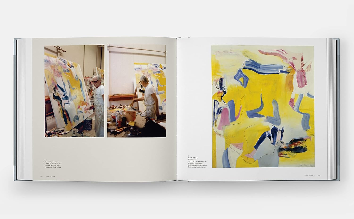 An open copy of "Way of Living: Art of Willem de Kooning" by Hachette Book Group shows photos of de Kooning painting on the left and a vibrant yellow, blue, and pink Abstract Expressionism piece on the right.