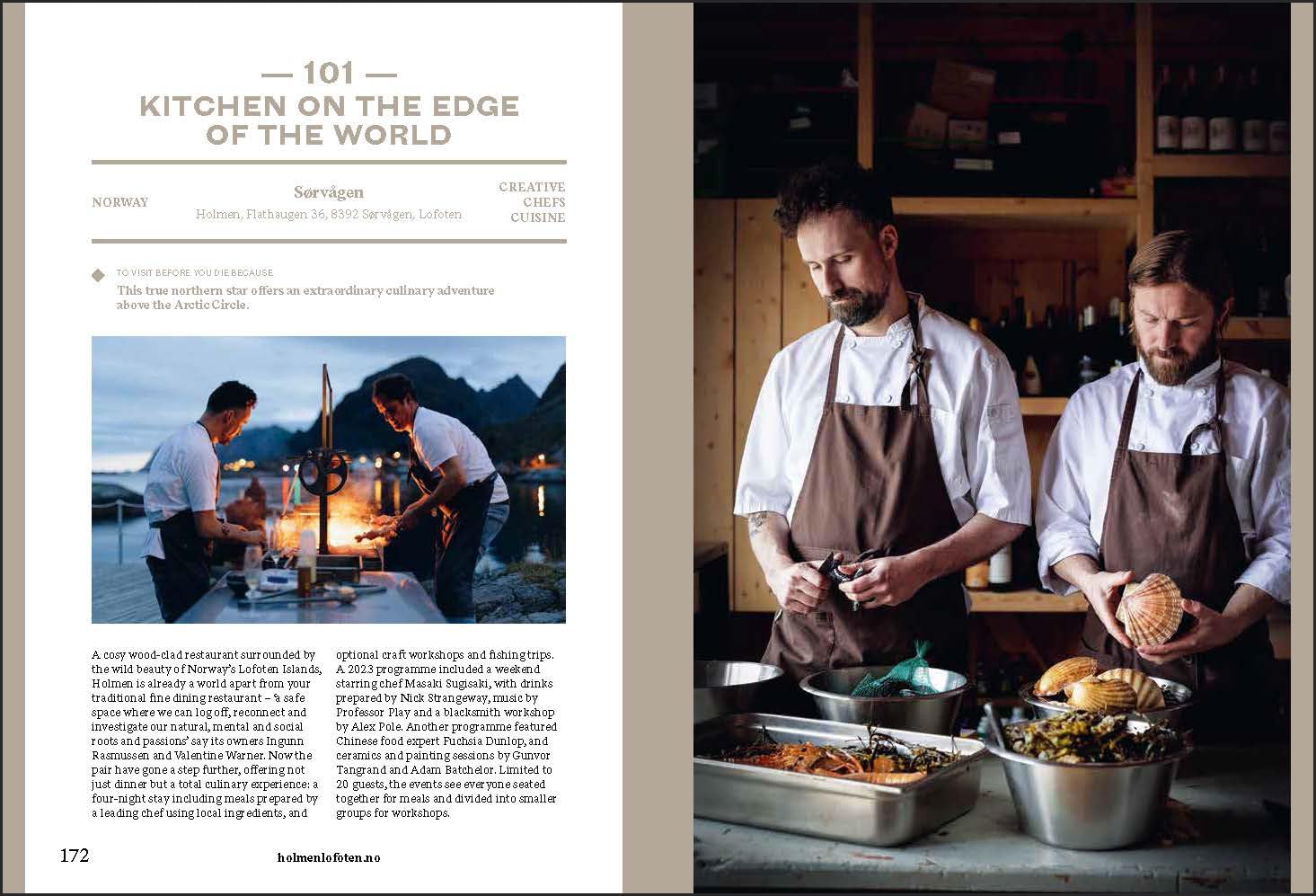 Two chefs in brown aprons prepare food in rustic settings—one outdoors by mountains and water, the other indoors with seafood and vegetables—highlighting gourmet experiences featured in "150 Restaurants" by Simon & Schuster Inc.