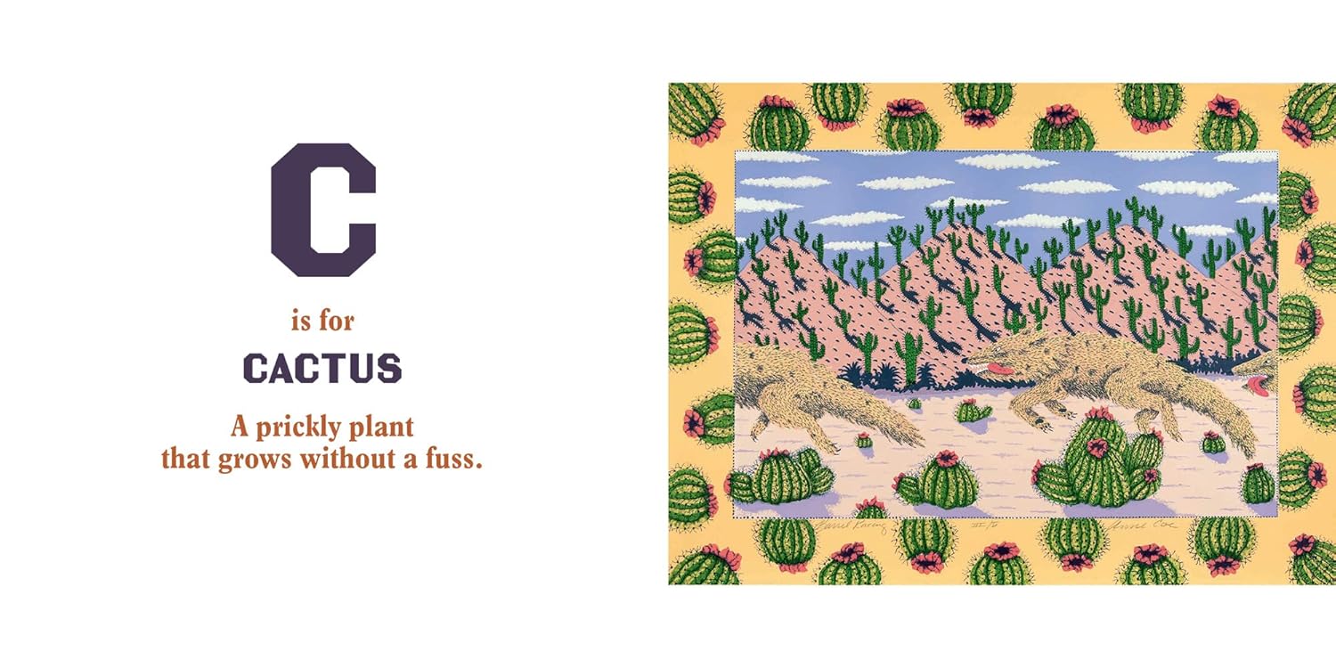 The letter "C" is for CACTUS, as seen in Southwest ABC by Random House, with an illustration of two lizards among green cacti in a desert landscape, inspired by American Southwest children's books.