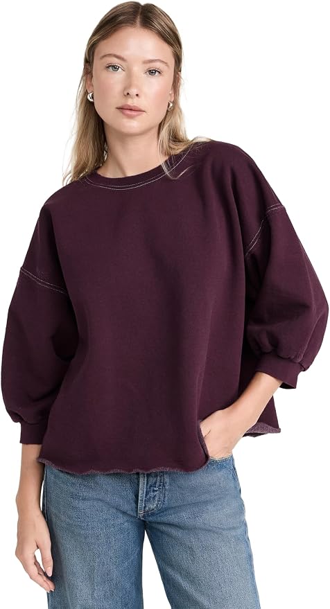 Rachel Comey Fond Sweatshirt in plum with raw hem, styled casually with blue jeans.