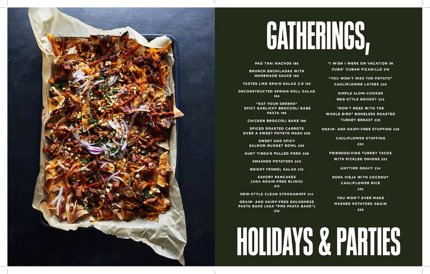 A tray of loaded nachos sits on parchment next to Hachette Book Group’s "Trust Your Gut," featuring energy-boosting recipes under "Gatherings" and "Holidays & Parties" on a dark background.