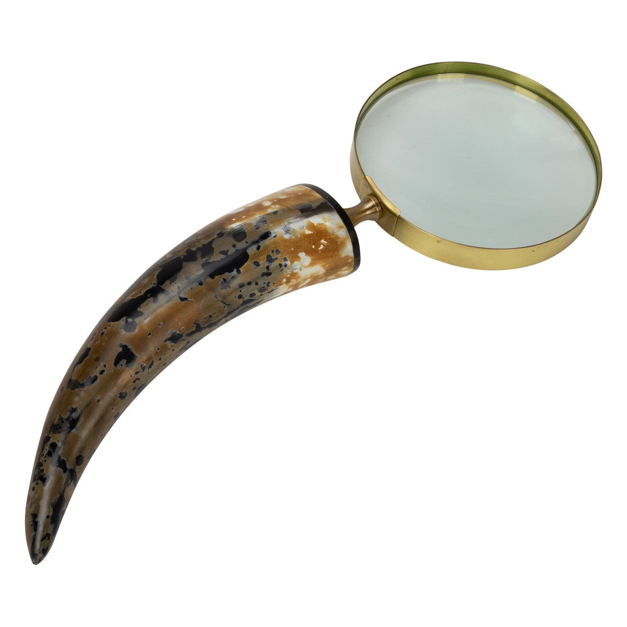 The Abbott Magnifying Glass by The Import Collection features a round lens with a gold rim and a curved, horn-shaped handle in brown, black, and cream tones—an elegant decorative accent for distinctive home decor.