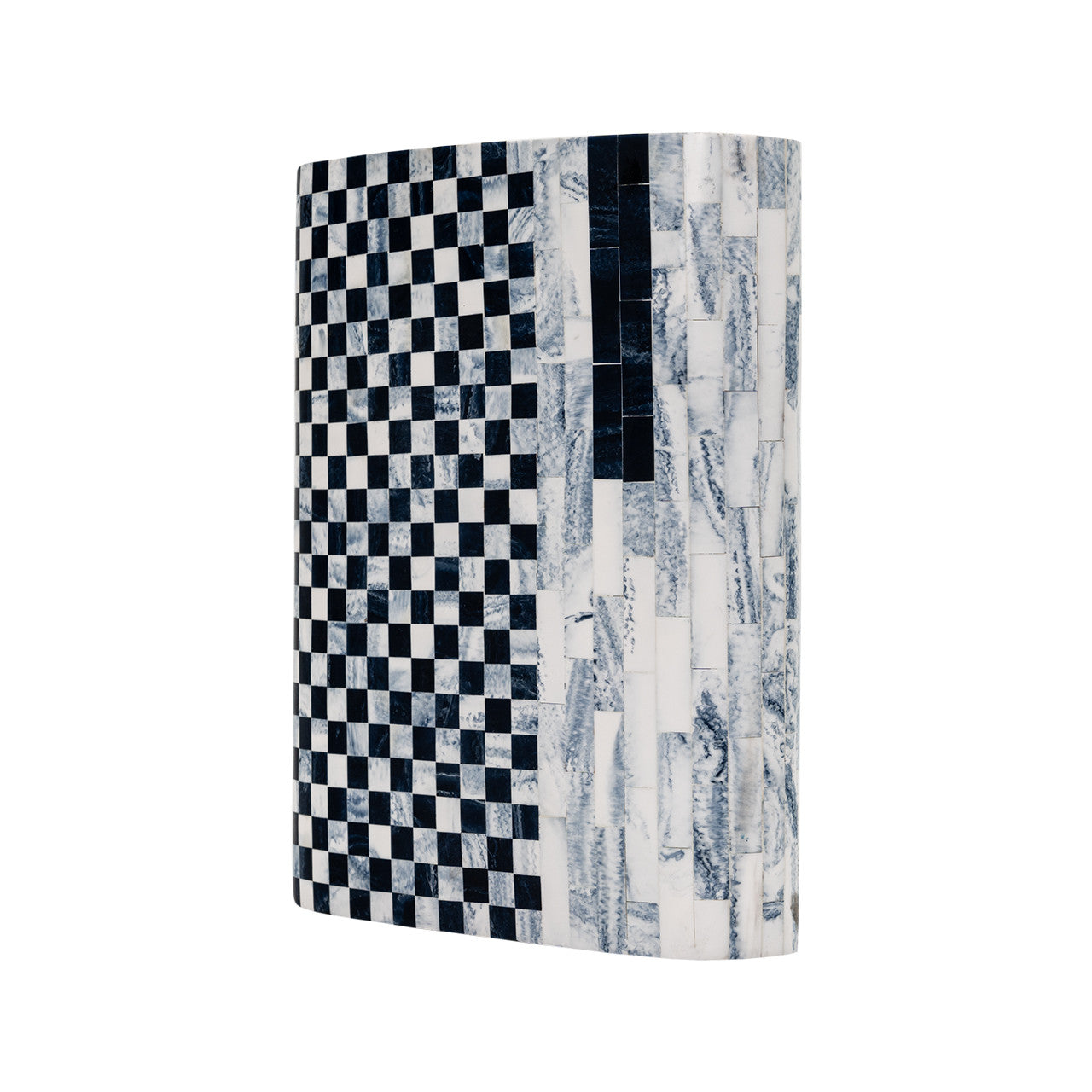 The Amador Tall Planter by The Import Collection is a rectangular iron resin piece with a black-and-white checkered left side that blends into a marbled, textured right side, shown against a white background.