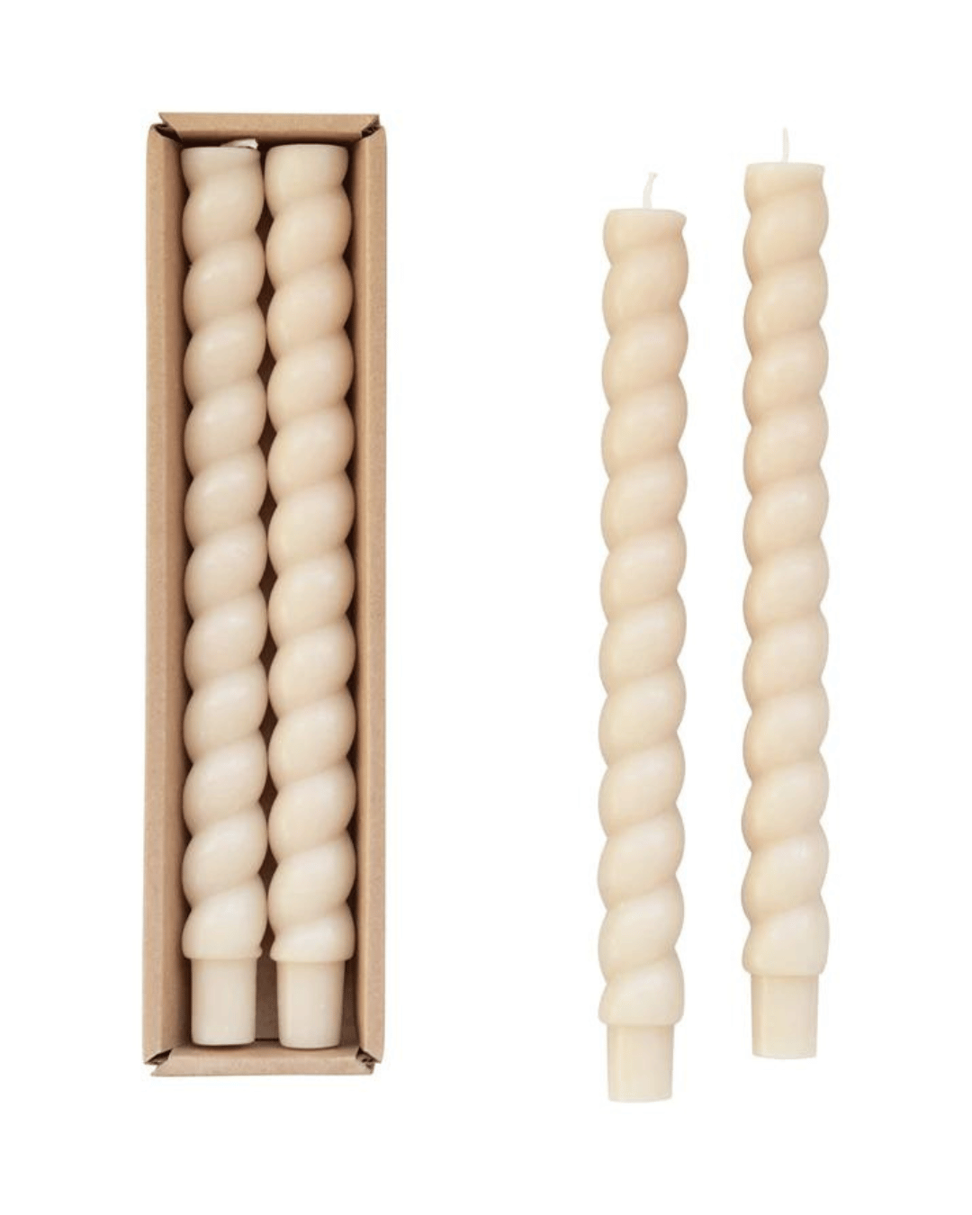 An open box containing two Creative Co-op Unscented Twisted Taper Candles in cream on the left and two identical, untwisted, unscented taper candles standing upright on the right. The candles inside are neatly aligned side by side.