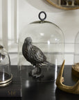 The Accent Decor Nevermore Figurine, a metallic raven under glass, sits beside a book and antler on a black surface for an eerie Halloween vibe. A smaller dome with moss adds to the haunting display.