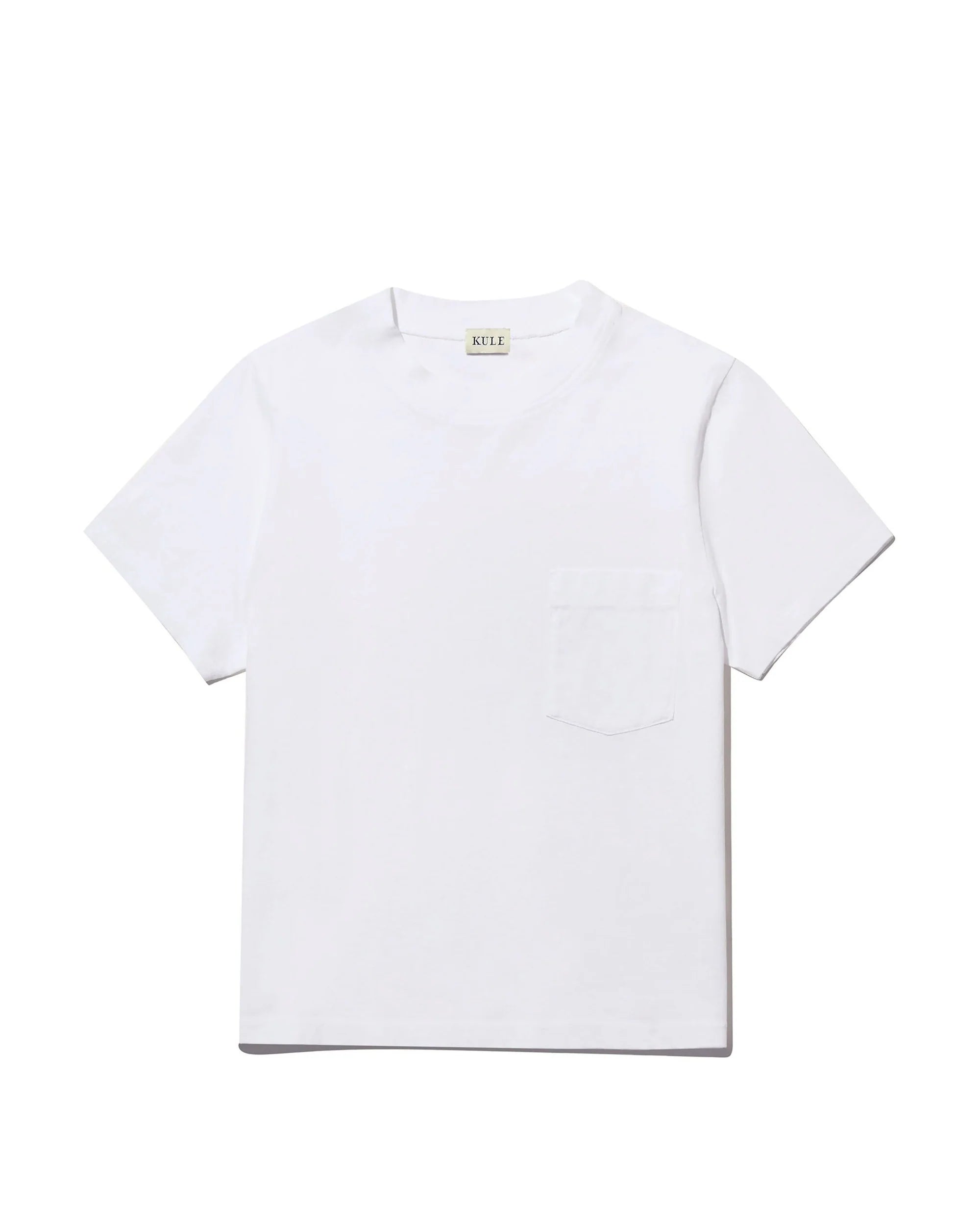 The Wynn Baby Tee by Kule is a plain white, short-sleeve baby tee with a crew neck and small chest pocket, made from 100% cotton and shown laid flat on a white background.