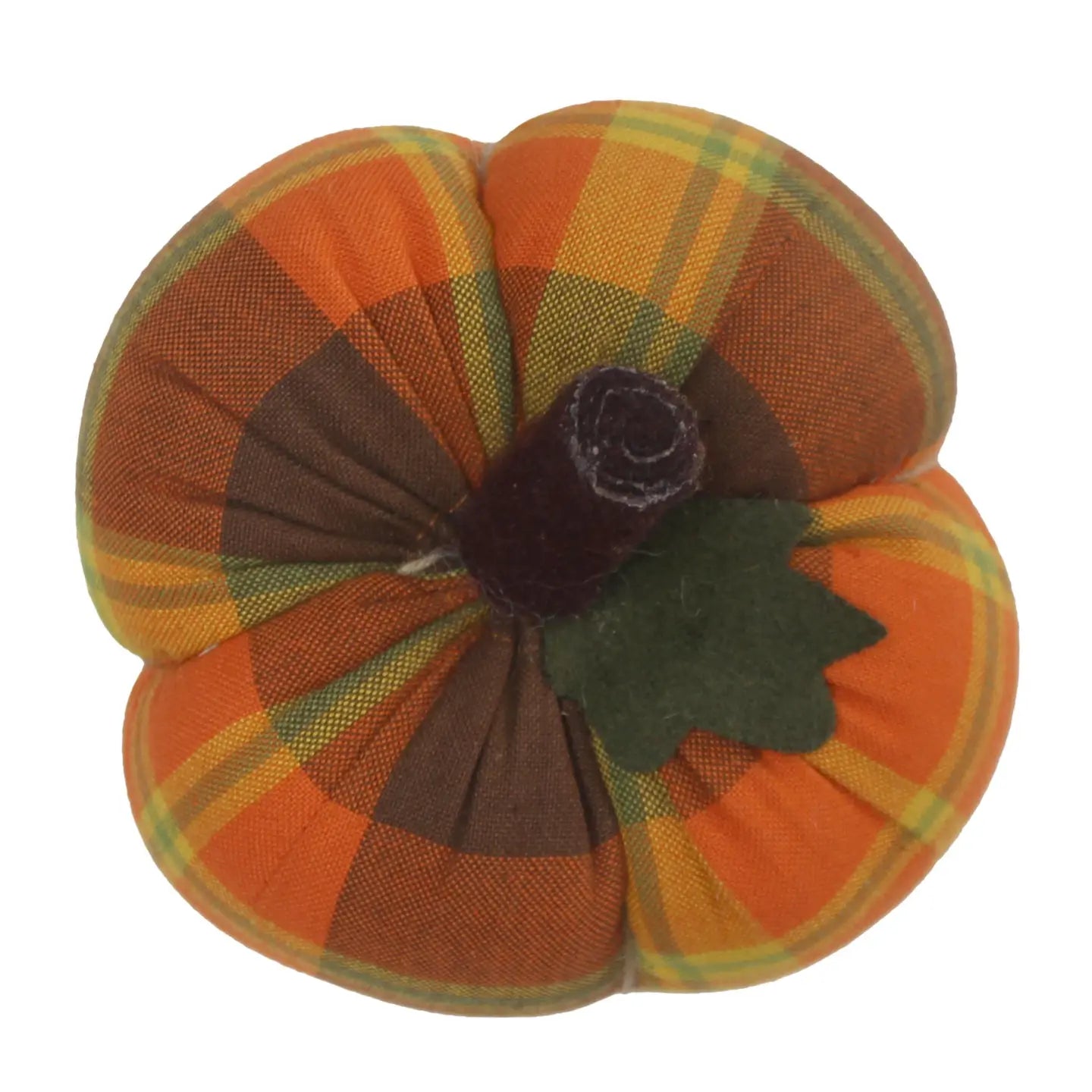 The Faire Pumpkin features orange, brown, and yellow plaid fabric, a dark brown stem, and a green felt leaf—ideal rustic fall decor or a charming farmhouse accent.