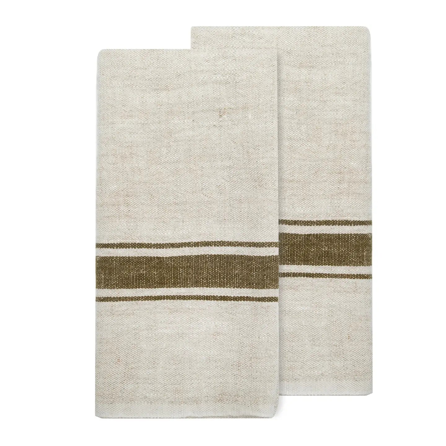The CH Tea Towels S/2 by Faire, shown folded on a white background, are crafted in a beige linen-cotton blend with a horizontal olive green stripe for a classic French country style.
