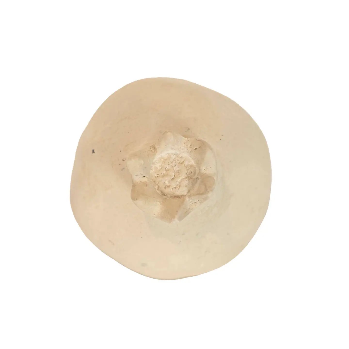 A single Turner Pomegranate by Faire is shown from above on a plain white background. Its slightly irregular, rounded cap and textured stem area add rustic home decor charm to any space.