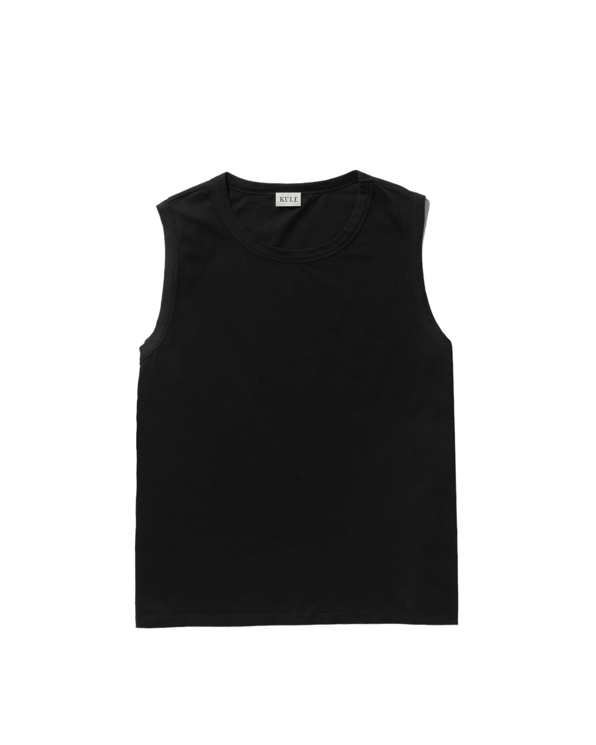 The Tank by Kule: a sleeveless black organic cotton tank top with a crew neckline, displayed flat on a white background.
