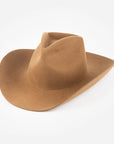 The Faire Charlie Western Hat is a light brown, wide-brimmed felt hat shown against a white background.