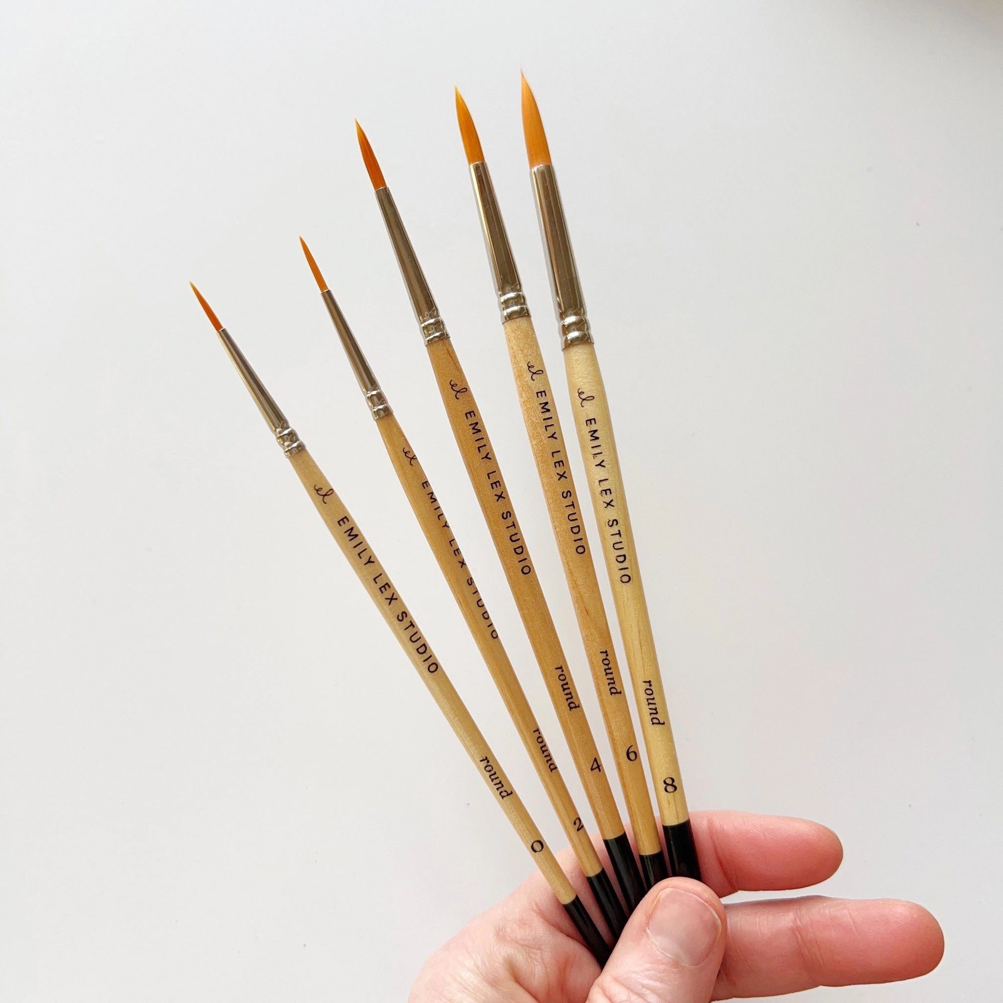 A hand holds the Faire Paintbrush Set—five watercolor brushes with fine synthetic taklon bristles in various sizes—fanned out against a white background.