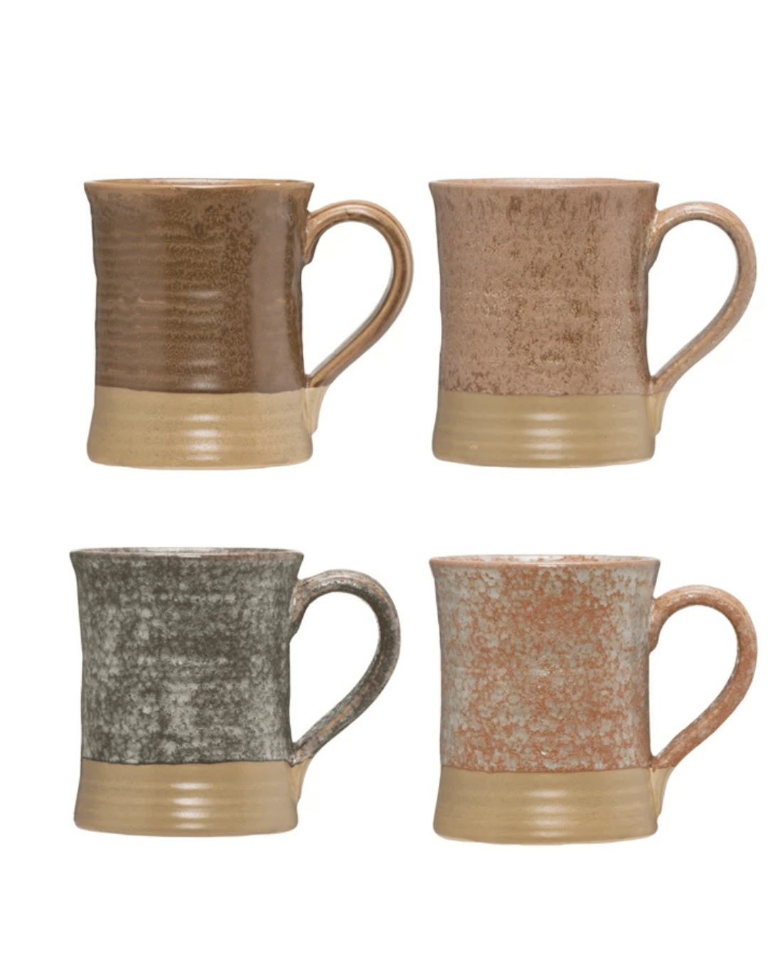 The Creative Co-op Stoneware Mug set includes four 16 oz. mugs arranged in a grid, each with a unique reactive glaze. Featuring two shades of brown, they have speckled gray and light orange finishes and are accented with a beige band at the bottom.