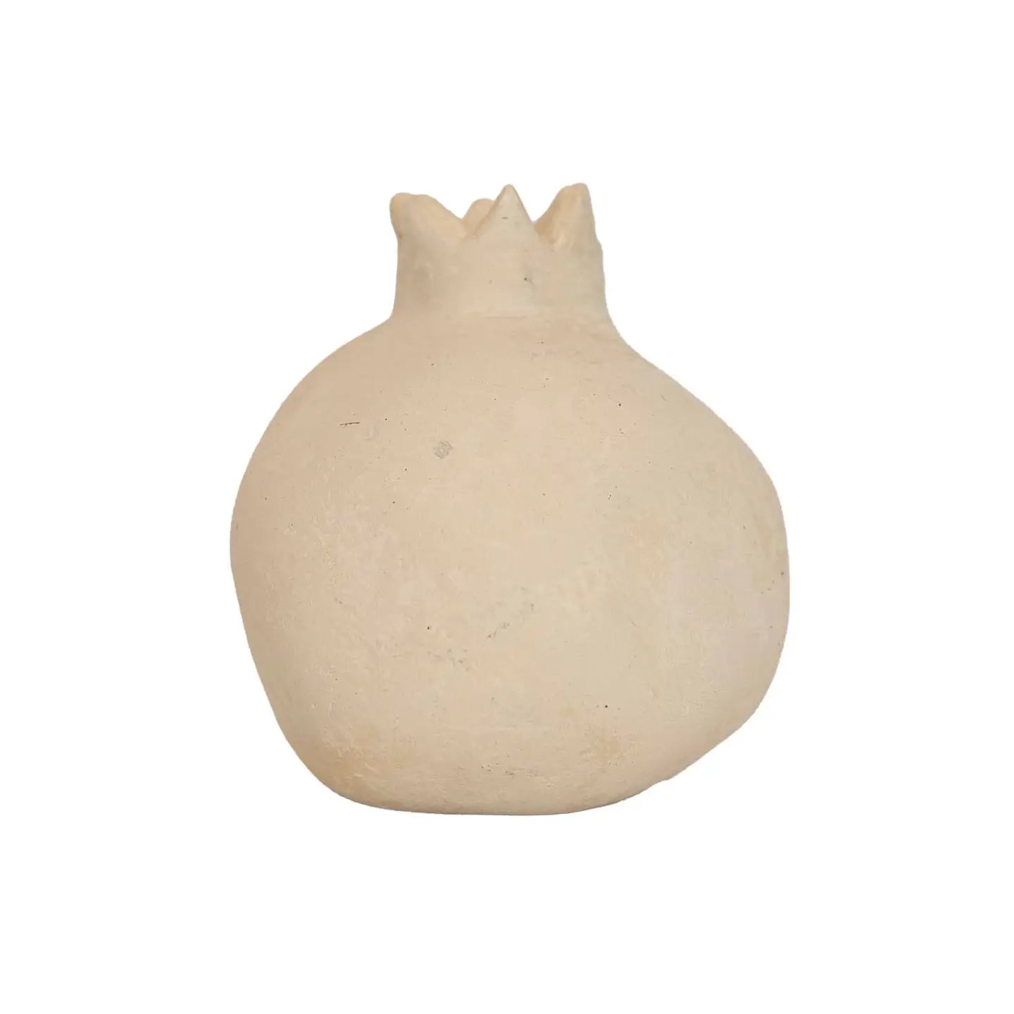 The Faire Turner Pomegranate is a small, round, beige ceramic decor piece with a crown-like top and smooth, unglazed surface—perfect for adding rustic charm to your home—shown here against a plain white background.