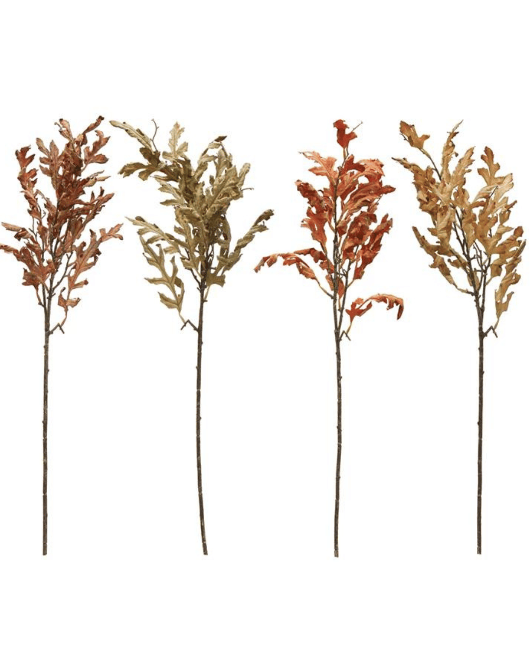 The Creative Co-op Faux Oak Leaf Pick features four tall, 32-inch stems with delicate faux oak leaves in an array of autumnal hues: brown, green, orange, and tan. The leaves exhibit a natural curled appearance while the slender stems are bare at the bottom, creating a rustic and elegant display perfect for showcasing the beauty of fall.