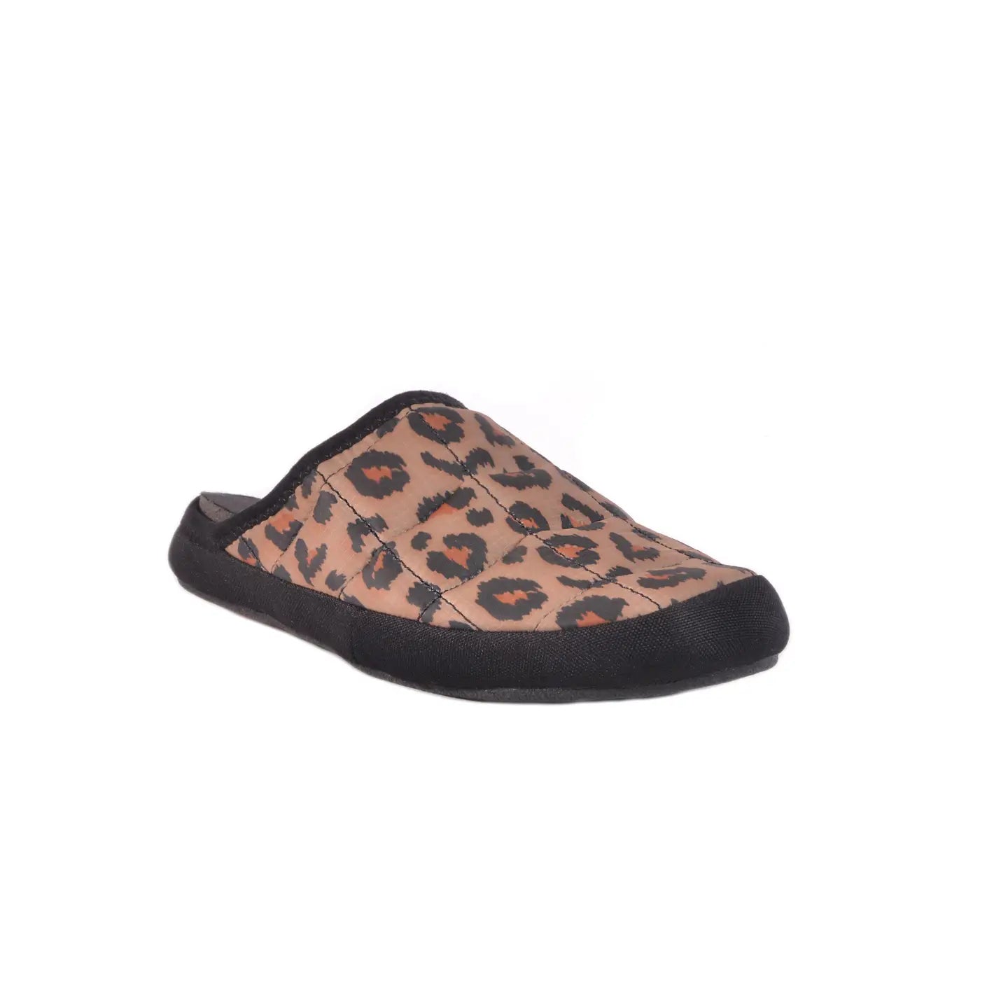 The Faire Coma Toes slipper features a tan base with black and orange leopard print, black trim around the opening, and a black rubber sole, shown angled on a white background.