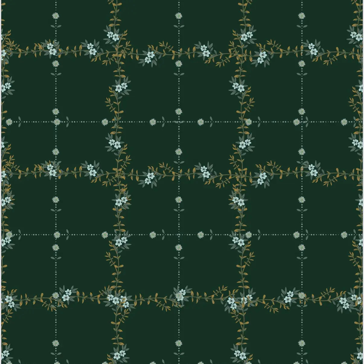 The Faire Double Sided Hand Towel features a dark green background with a grid of leafy vines and small white floral clusters—an elegant, eco-friendly choice for holiday décor.