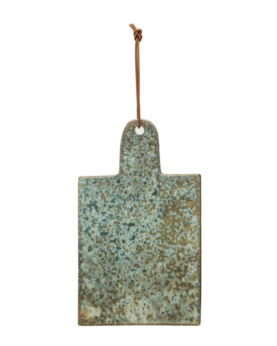 The Creative Co-op Stoneware Cheese/Cutting Board showcases a rectangular ceramic design with a speckled blue and brown pattern, featuring a small handle with a hole and rustic leather tie for hanging.