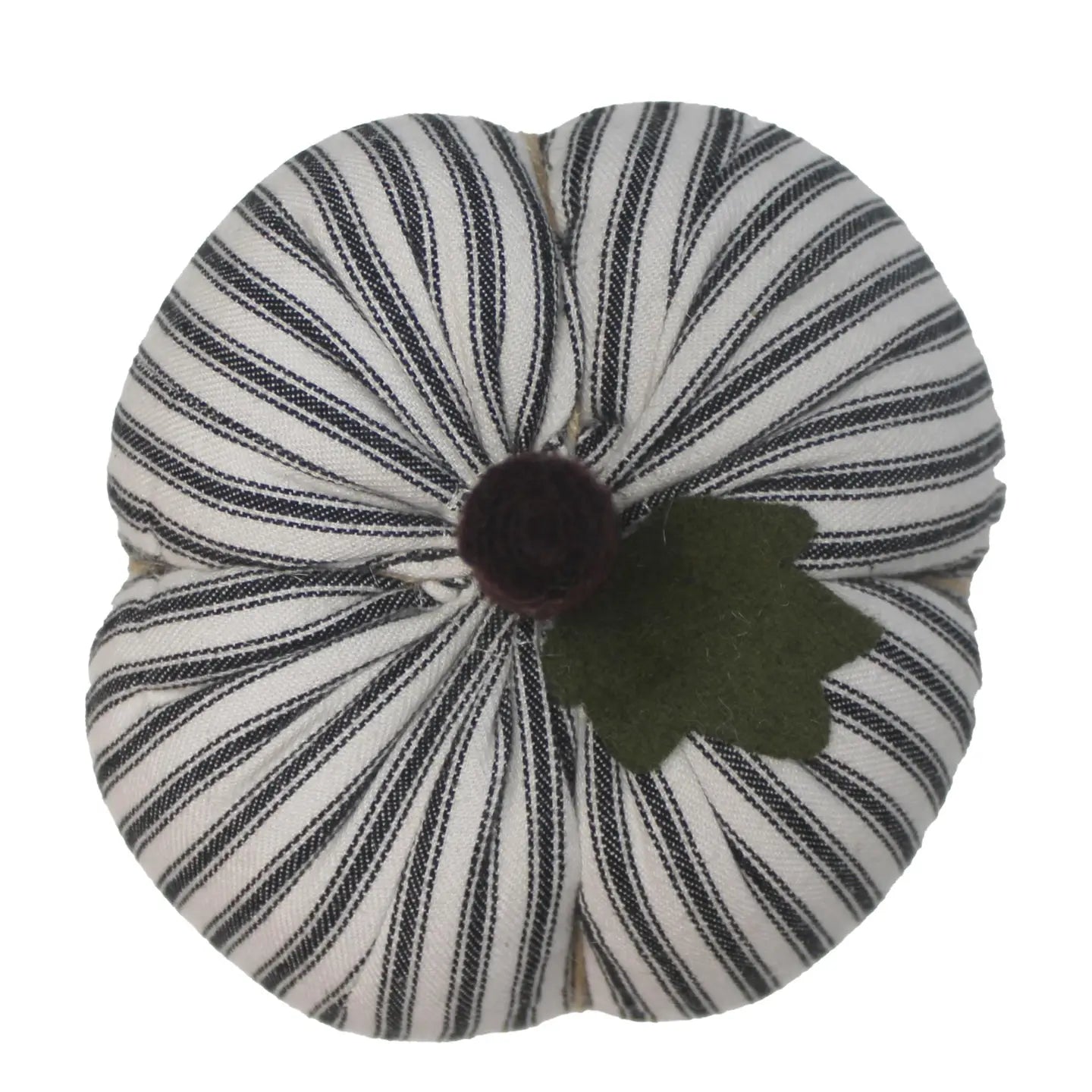 The Faire Pumpkin features black and white vertical stripes, a brown stem, and a green felt leaf—ideal as farmhouse decor or a charming autumn ornament.