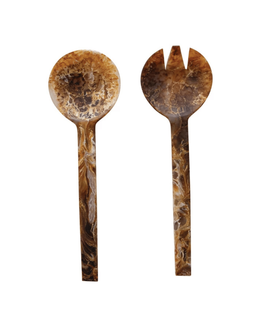 The Creative Co-op Resin Salad Servers feature a round spoon and two-pronged fork with long handles in matte marbled brown, blending dark and light swirls. Their elegant design enhances any kitchenware collection.