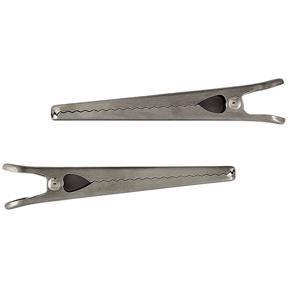 Two stainless steel kitchen bag clips from Faire, each with a flat, elongated shape, small hinge, and serrated grip inside for secure closure.