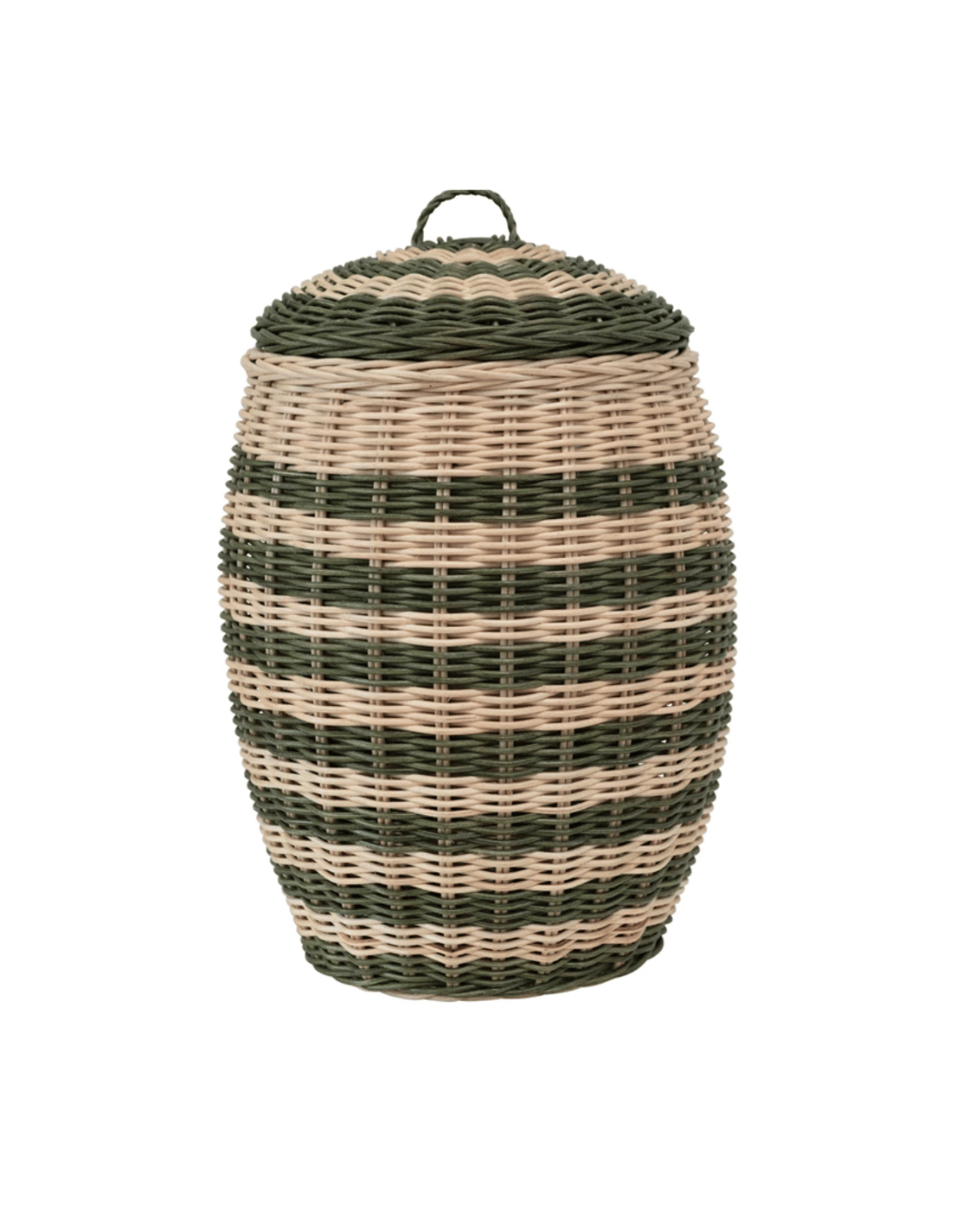 A tall, cylindrical Green Striped Basket with a lid from Creative Co-op, featuring alternating horizontal stripes of natural and pale green colors, isolated on a white background, ideal for a Scottsdale Arizona bungalow.