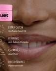 Close-up of smiling lips with a Faire LOOPS Glow Lip Mask, showcasing its hydrating benefits—extra glow, refining, calming, and brightening—with nourishing ingredients for ultimate lip care.