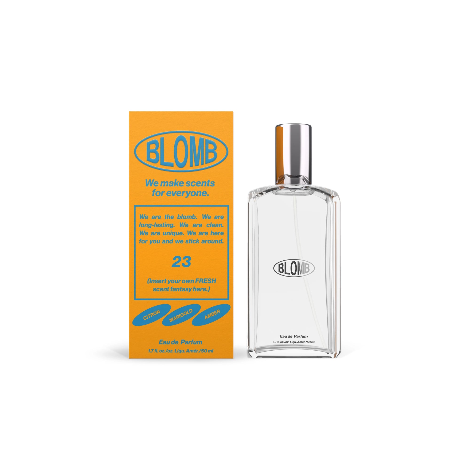 A clear glass bottle of Faire’s Blomb Eau de Parfum with a silver cap stands beside a yellow "BLOMB" box. Blue and white text and the number 23 emphasize its customizable, natural scent, perfect for anyone.