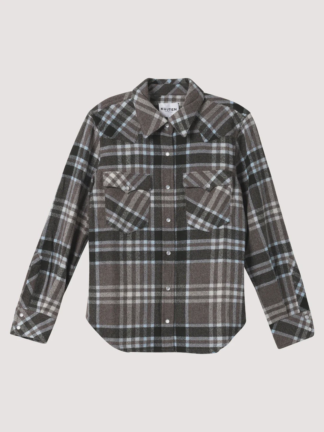 The BCS Group Lumber L/S Shirt is a true to size long-sleeve button-up with black, gray, and blue plaid, two flap chest pockets, and white buttons.