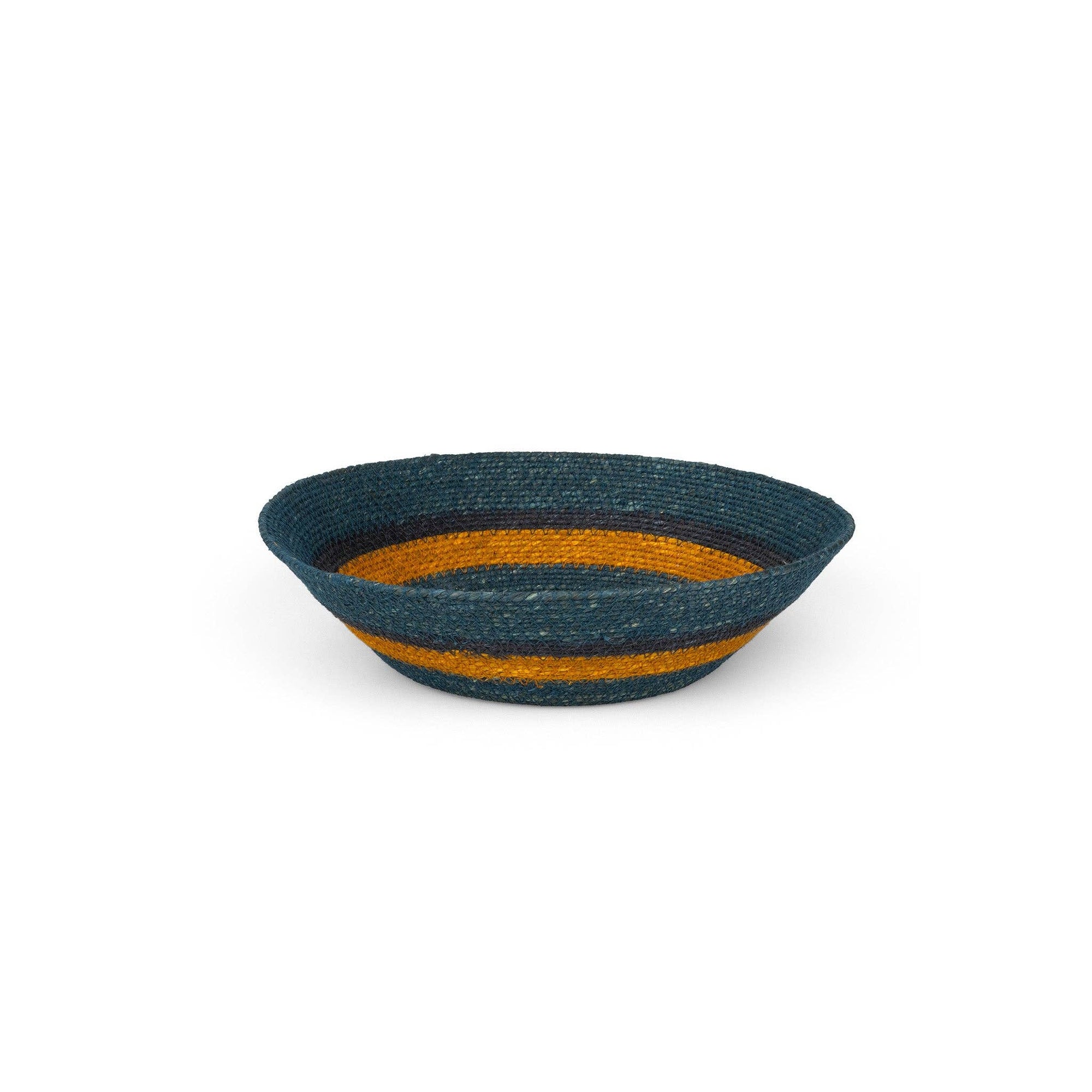 The Seagrass Small Bowl Pompadour by Faire is a shallow, oval seagrass basket with blue and orange stripes, ideal for eco-friendly home decor. Displayed on a white background.