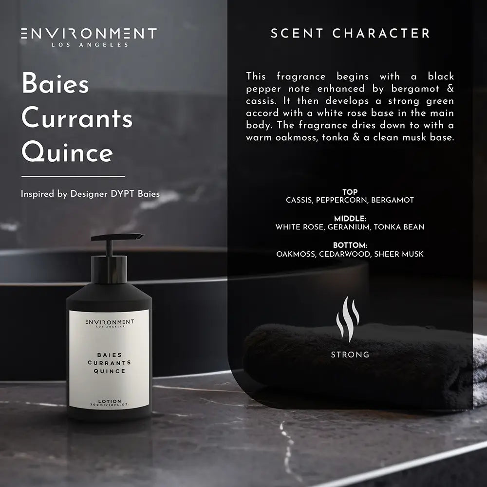 A sleek product display showcases a black pump bottle labeled "Inspired Lotion" by Faire, set on marble with a scent character description and notes reminiscent of Diptyque, all against an elegant dark background.