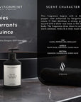 A sleek product display showcases a black pump bottle labeled "Inspired Lotion" by Faire, set on marble with a scent character description and notes reminiscent of Diptyque, all against an elegant dark background.