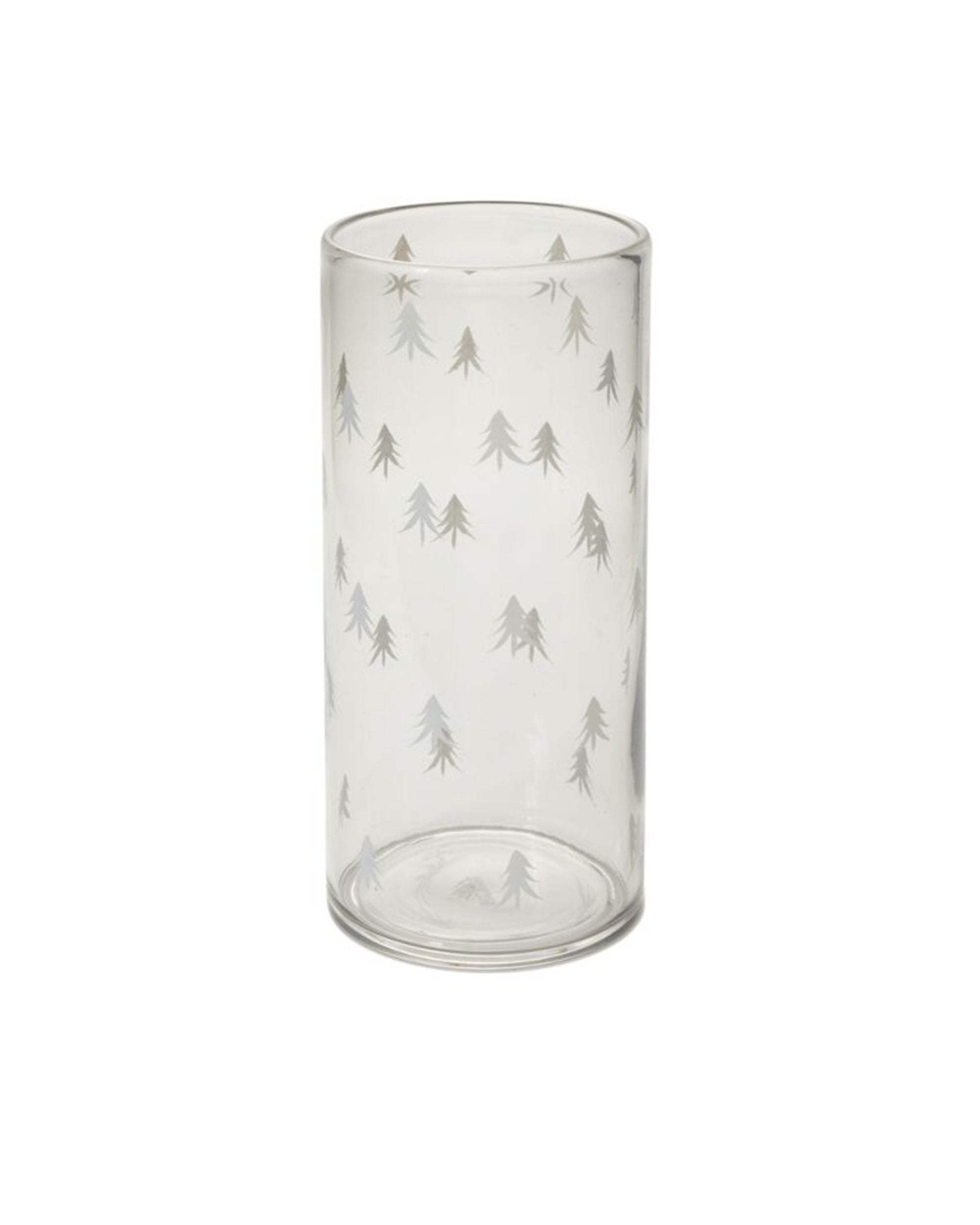 The Accent Decor Tiny Tree Votive 7x15 is a clear, hand-painted glass tumbler with frosted pine trees around its surface, perfect as a holiday candle holder. Displayed on a white background.