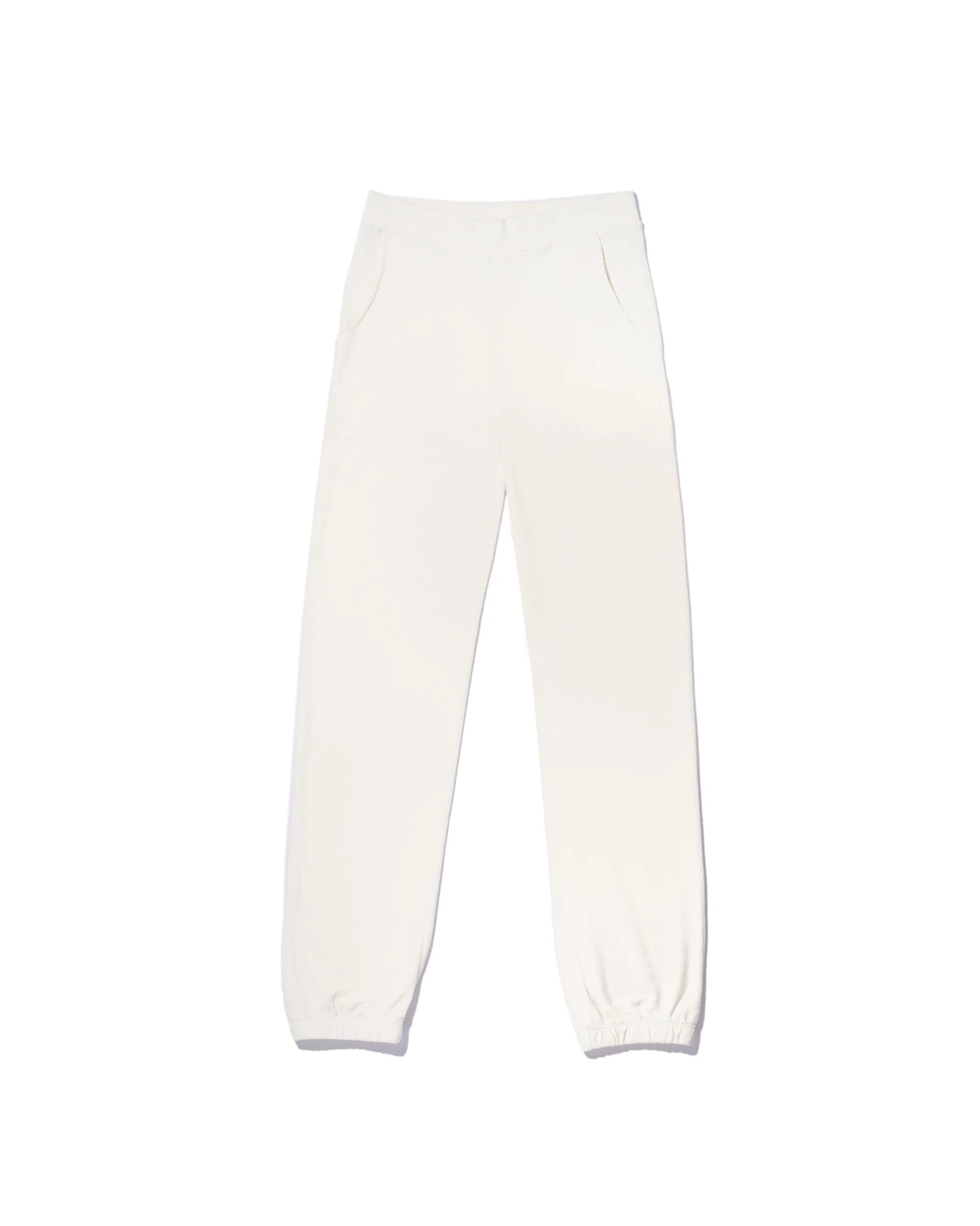The Terry Sweatpants by Kule are plain white cotton terry sweatpants with an elastic waistband, side pockets, and elastic cuffs, shown on a white background.