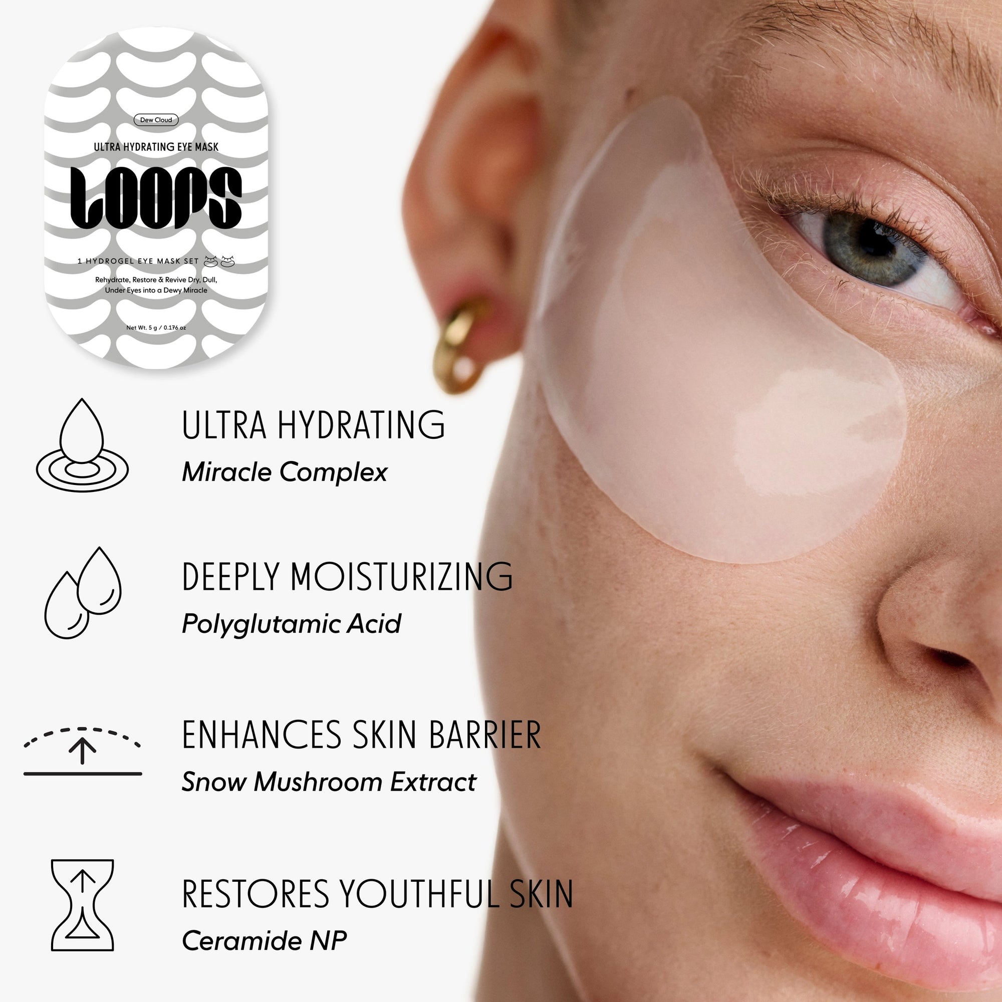 A close-up of a woman wearing a LOOPS HydroGel Eye Mask by Faire on her right under-eye area, with skincare benefits like ultra hydration, deep moisturization, reduced dark circles, and restored youthful skin listed beside her.