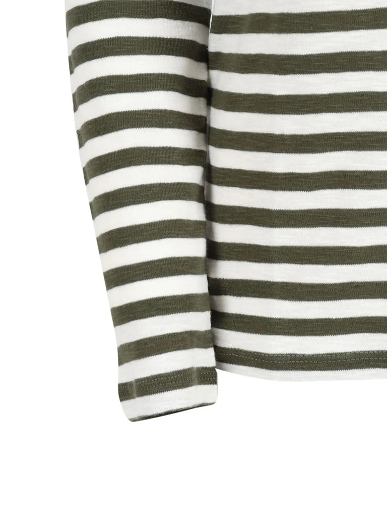 The Majestic Filatures Organic Cotton Stripe L/S Crewneck features horizontal olive green and white stripes. Made from soft organic cotton, the image shows only the sleeve and part of the torso.