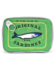 The Sardine's Tin Can Gift Cosmetic Bag by Faire, weighing 3.75 oz, showcases an original design featuring a colorful green label with a blue fish illustration and decorative stars. This charming item is both unique and gift-worthy.