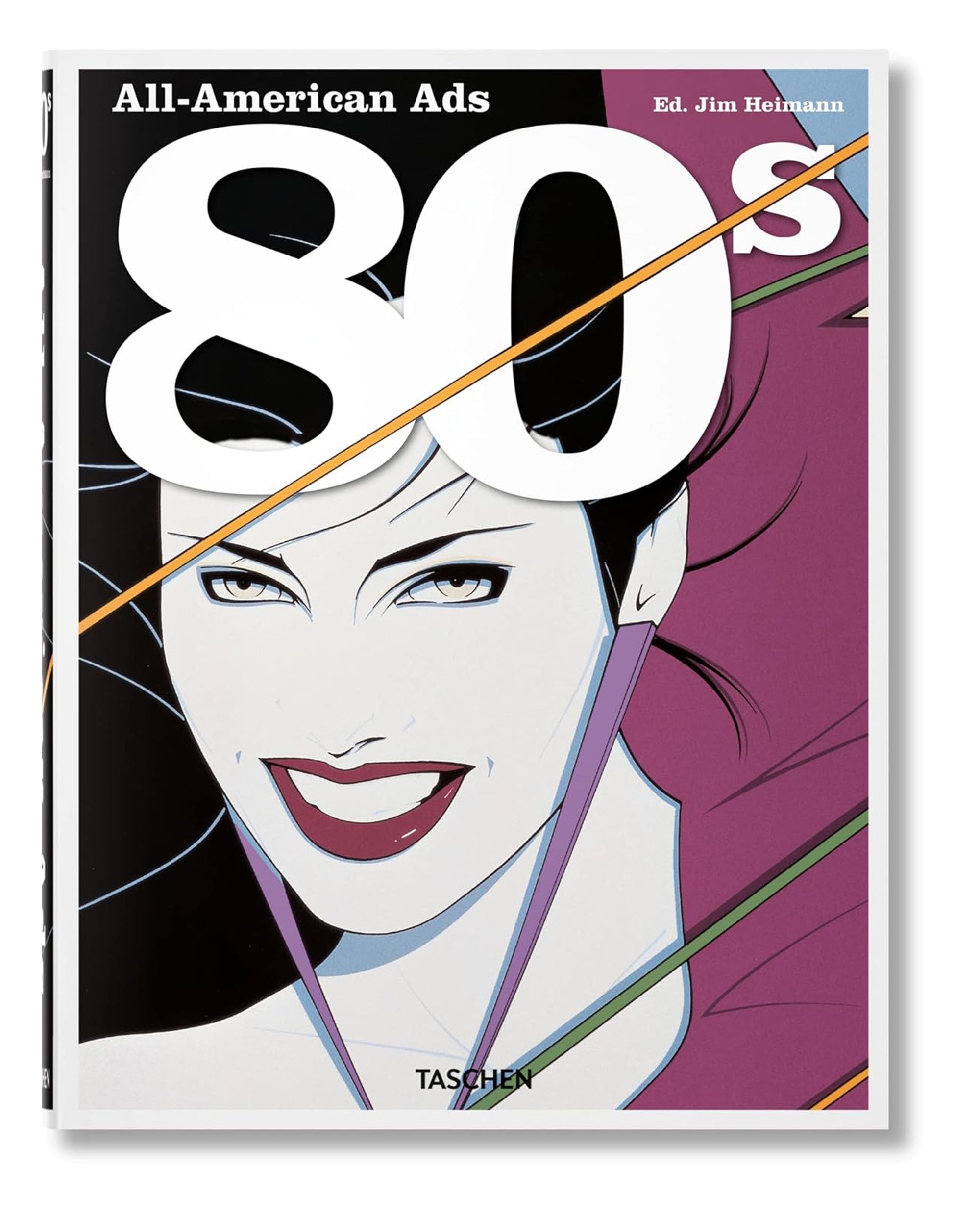 Book cover for "All American Ads of the 80s" by Ingram Book Company features bold white "80s" text over a colorful, stylized woman's face in classic 1980s ad style—ideal for fans of '80s nostalgia.