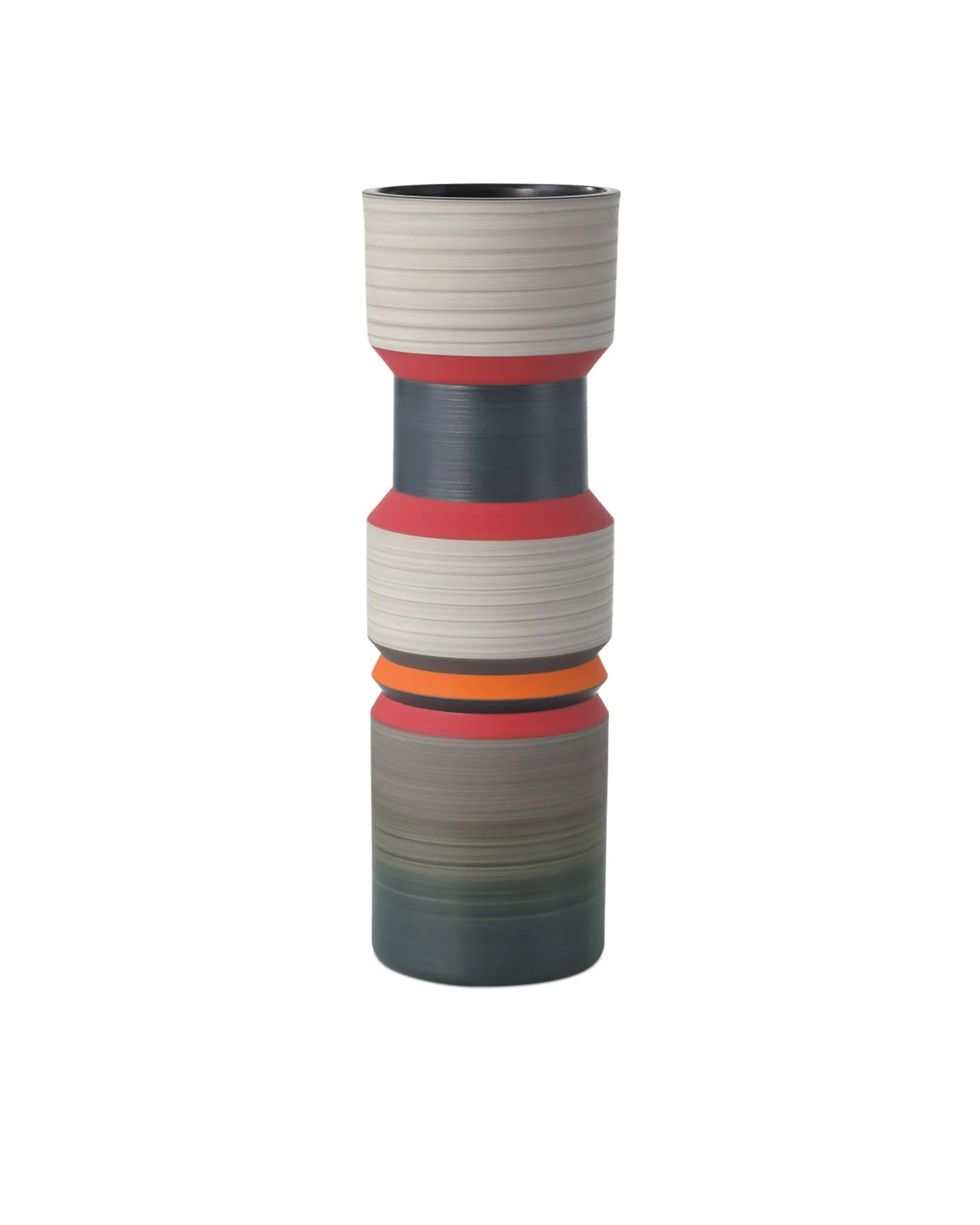 The Black/Blue/Red 80's Medium vase by Currey & Company, Inc. is a striking, cylindrical piece with stacked geometric sections in vivid colors and horizontal line accents—perfect for adding bold style to your home decor.