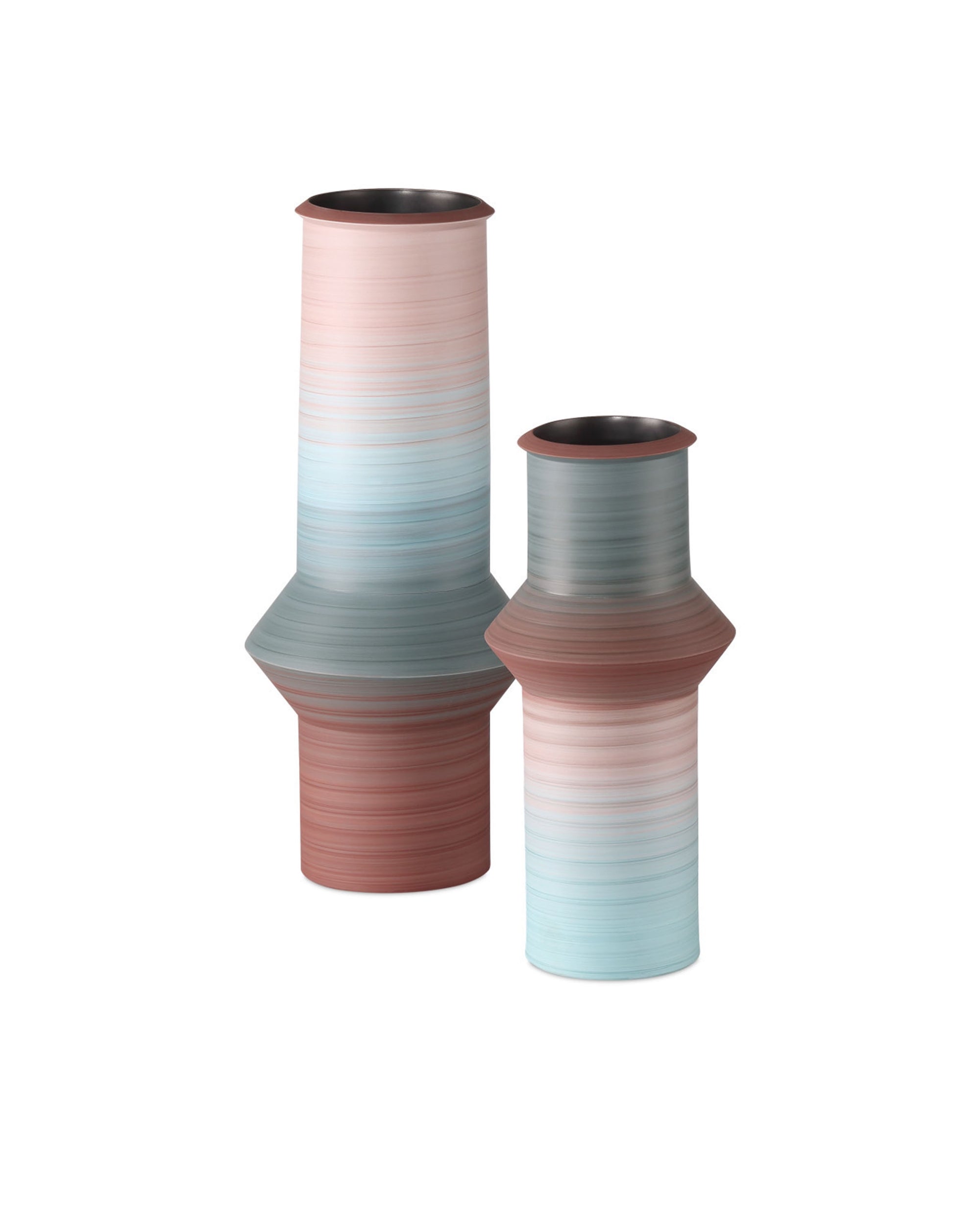 The Currey &amp; Company 80&#39;s Vase Blue/Red set features two modern ceramic vases with a matte finish and soft pastel stripes—one tall, one short—evoking 80s elegance, displayed against a white background.