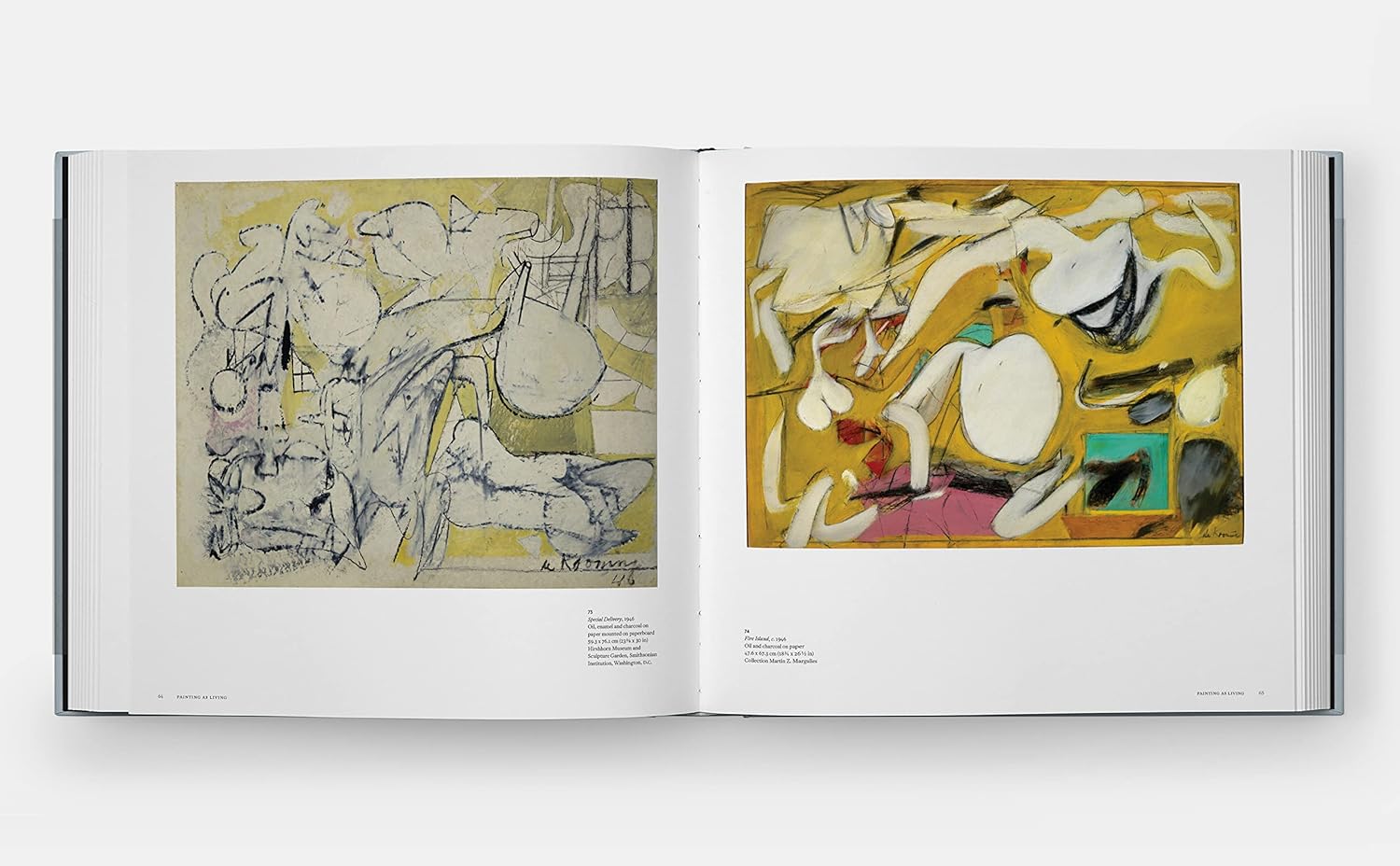 The “Way of Living: Art of Willem de Kooning” by Hachette Book Group lies open, showing two abstract paintings—a pale, sketch-like piece on the left and a vivid yellow composition with organic shapes on the right.