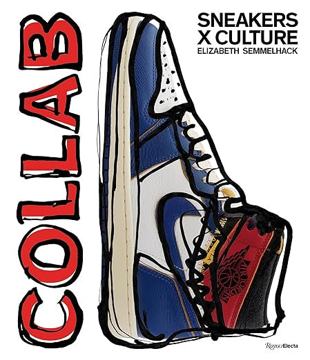 An illustration features a high-top sneaker in blue, white, and black with a red logo on the heel. It captures the spirit of sneaker collaborations with the words &quot;Sneakers X Culture&quot; by Elizabeth Semmelhack from Random House, embodying the essence of wearable art. This is perfect for dedicated sneakerheads.