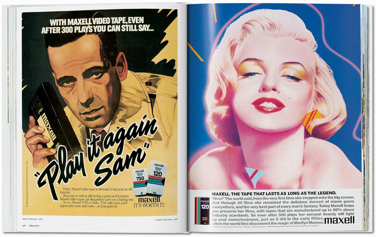 Ingram Book Company's "All American Ads of the 80s" features a vintage Maxell tape ad and a pop-art Marilyn Monroe portrait—perfect for fans of 1980s nostalgia and iconic pop culture.