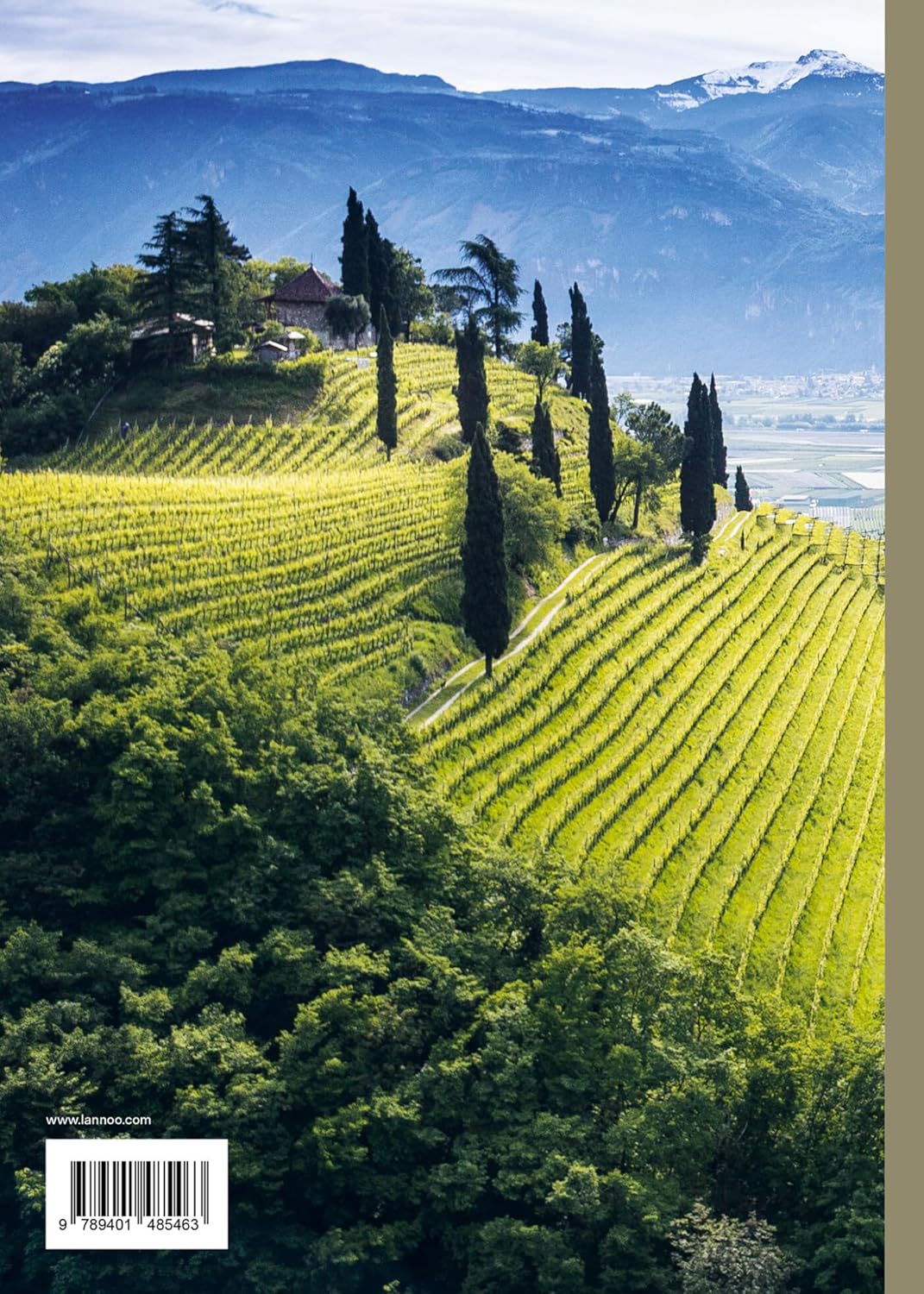 Rows of vineyards on a sunlit hillside with cypress trees and a small house, set against forested slopes and snow-capped peaks, evoke the spirit of "150 Vineyards You Need" by Simon & Schuster Inc., perfect for wine lovers.