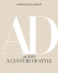 Hachette Book Group's "Architectural Digest at 100" features a beige cover with large, overlapping white "AD" letters and black text celebrating a century of design style and insights into celebrity spaces.