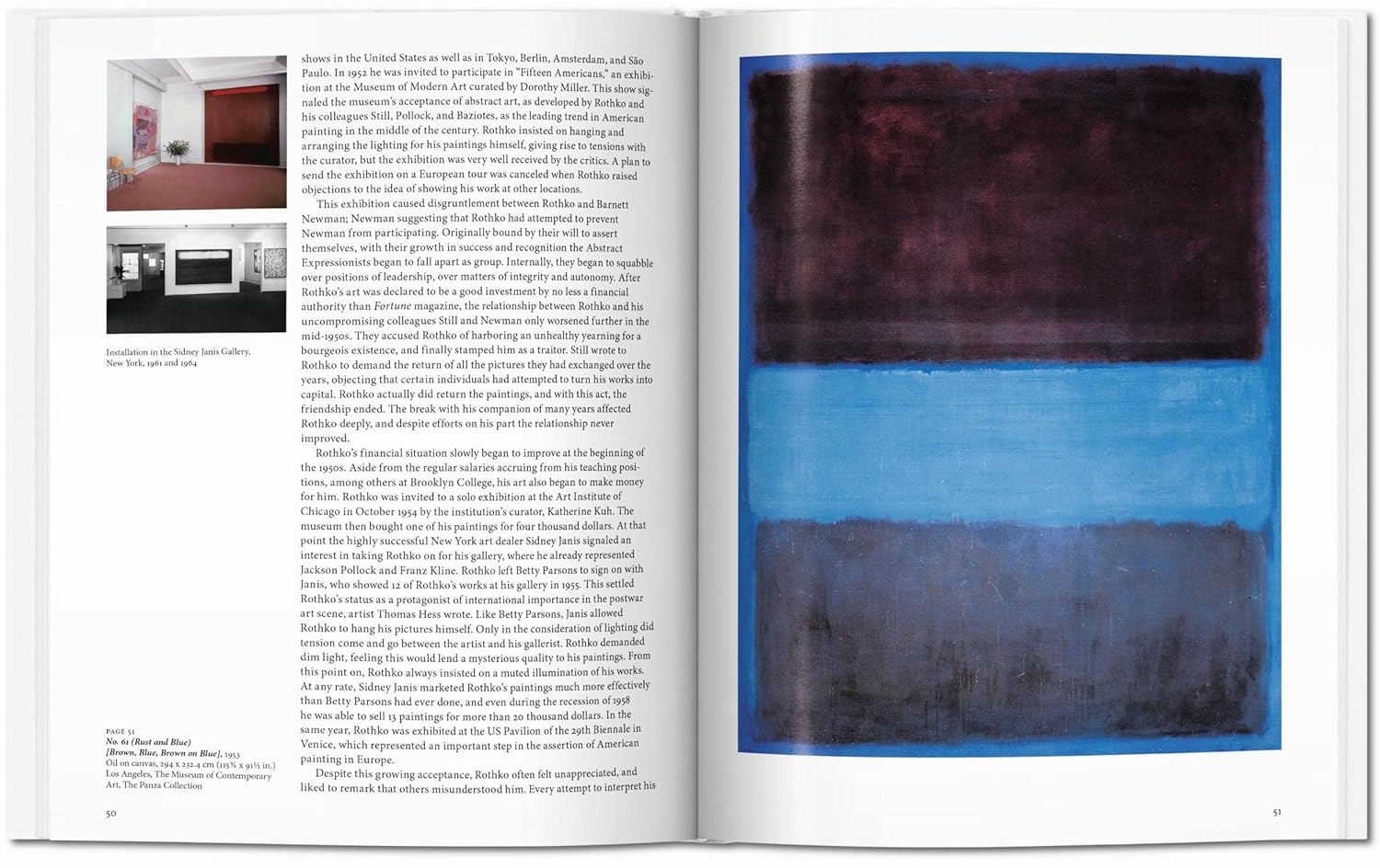 The Rothko Basic Art Edition by Ingram Book Company features an open spread with text and two small gallery photos on the left, and a bold full-page artwork of three horizontal rectangles in red, purple, and blue on the right.
